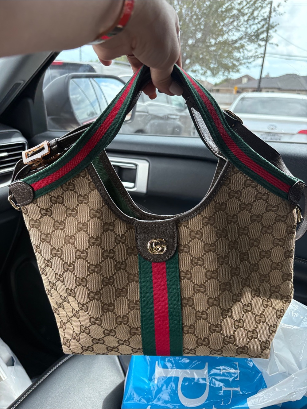 Gucci Brown GG Canvas Shoulder Bag with Green and Red Web Stripe